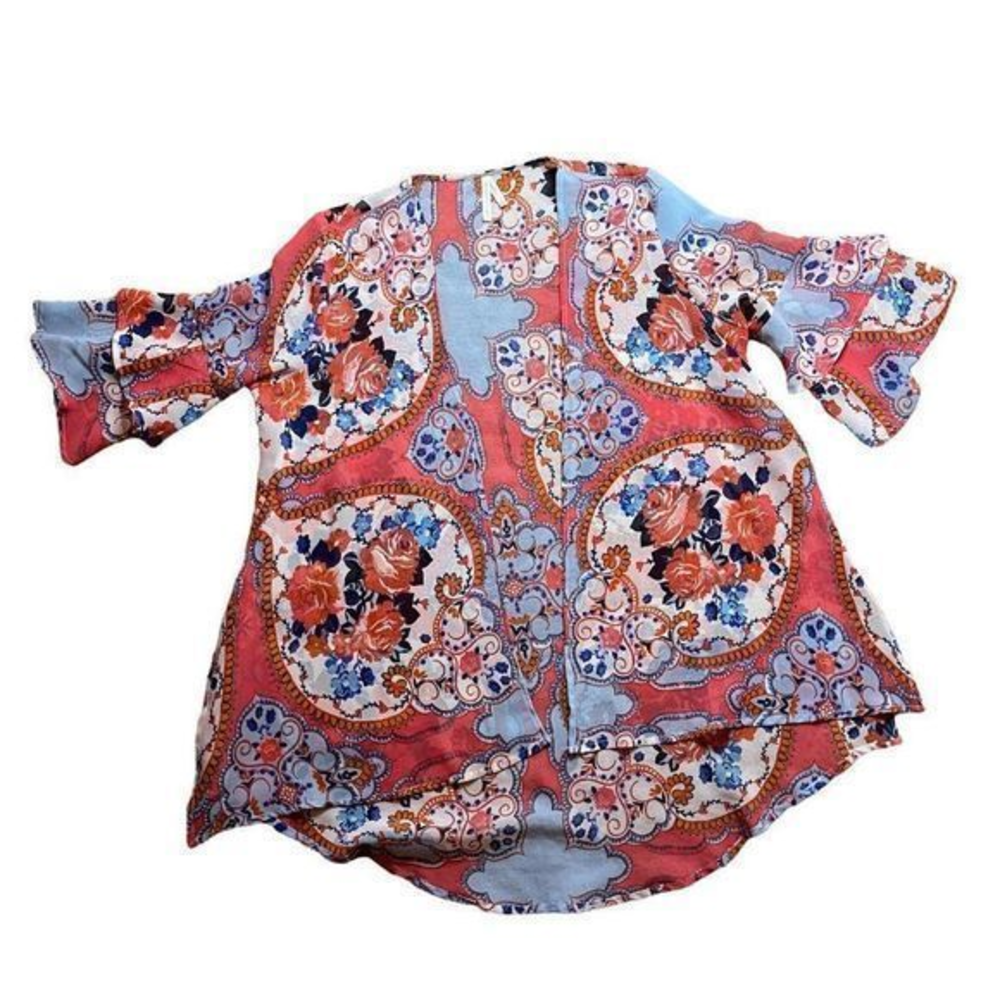 Moon Orchid‎ Women's Boho Bell Sleeve Sheer Floral Print Oversized Kimono Sz Sm